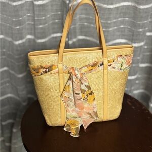 Yellow Woven Tote Bag with Floral Scarf Accent